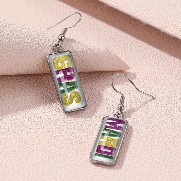 Mardi Gras Geometric Dangle Earrings - Picture 4 of 4